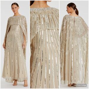 NWT Mac Duggal 93869 Gold Embellished Beaded Column Cape Gown 14